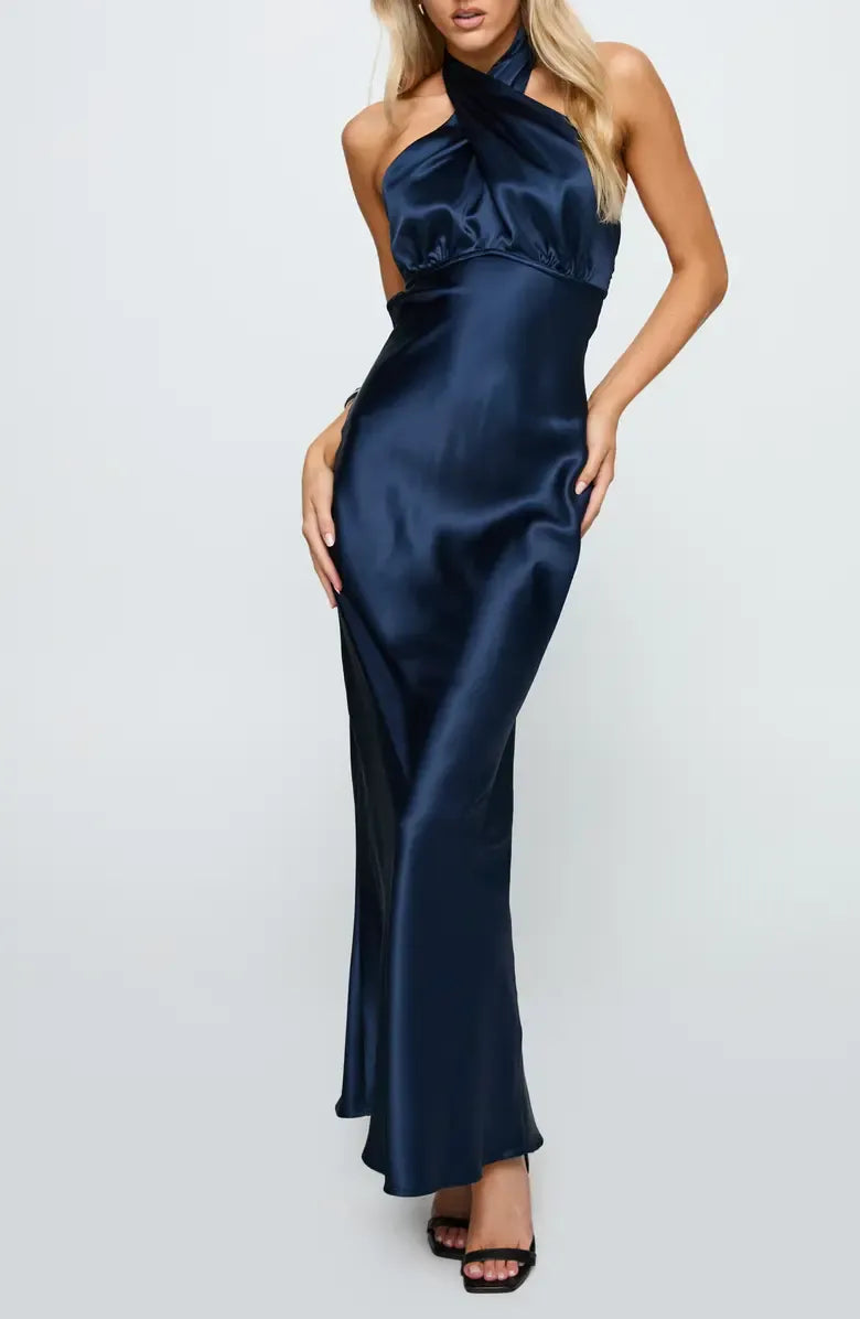 Refined Beautiful Timeless Elegant Navy Blue Satin Halter Sleeveless Floor-Length Prom Dress