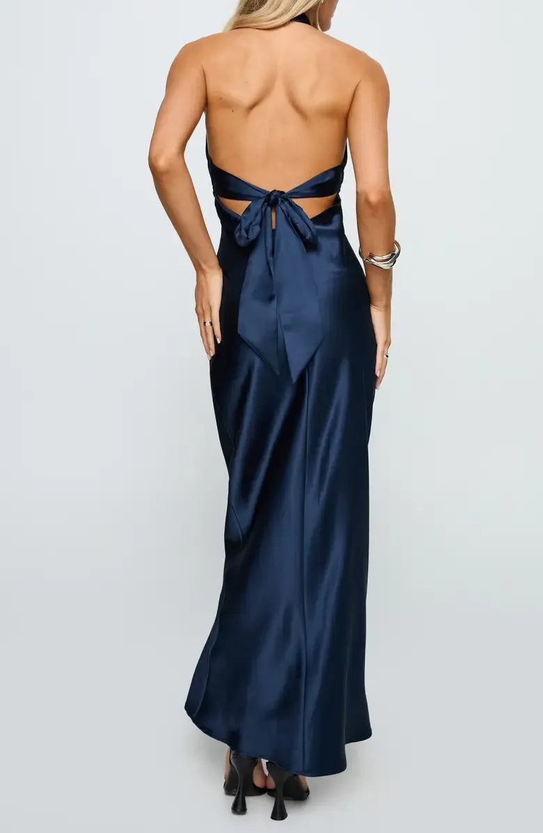 Refined Beautiful Timeless Elegant Navy Blue Satin Halter Sleeveless Floor-Length Prom Dress