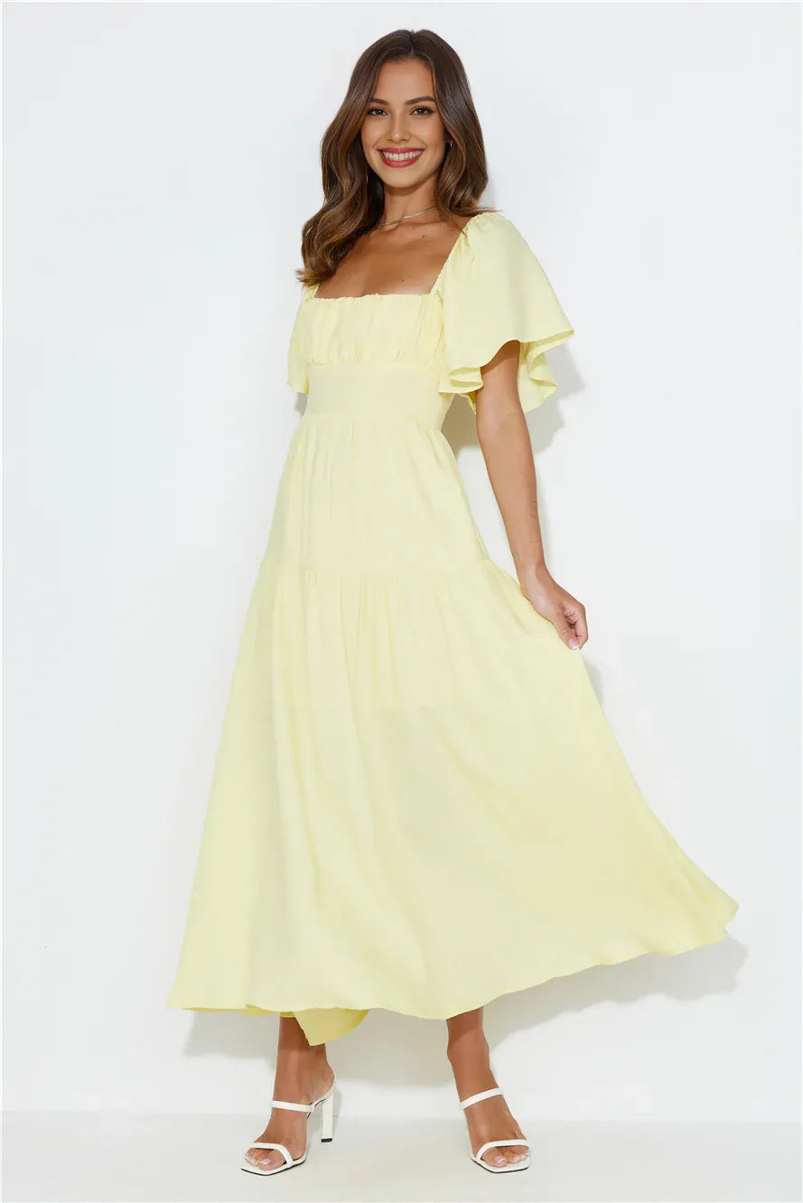 Yellow Casual Lovely A-line Square Neck Cap Sleeve Tie Tea-Length Prom Dress