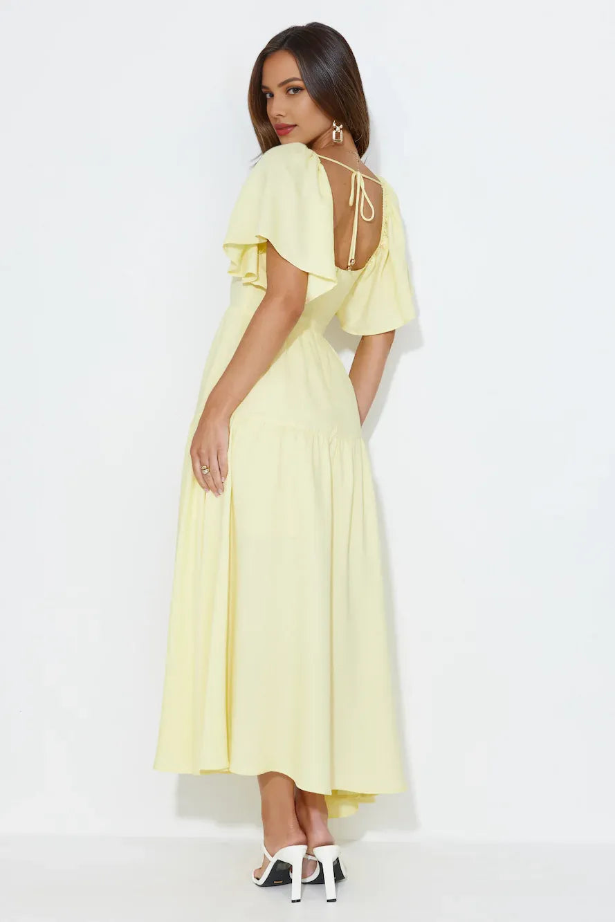 Yellow Casual Lovely A-line Square Neck Cap Sleeve Tie Tea-Length Prom Dress