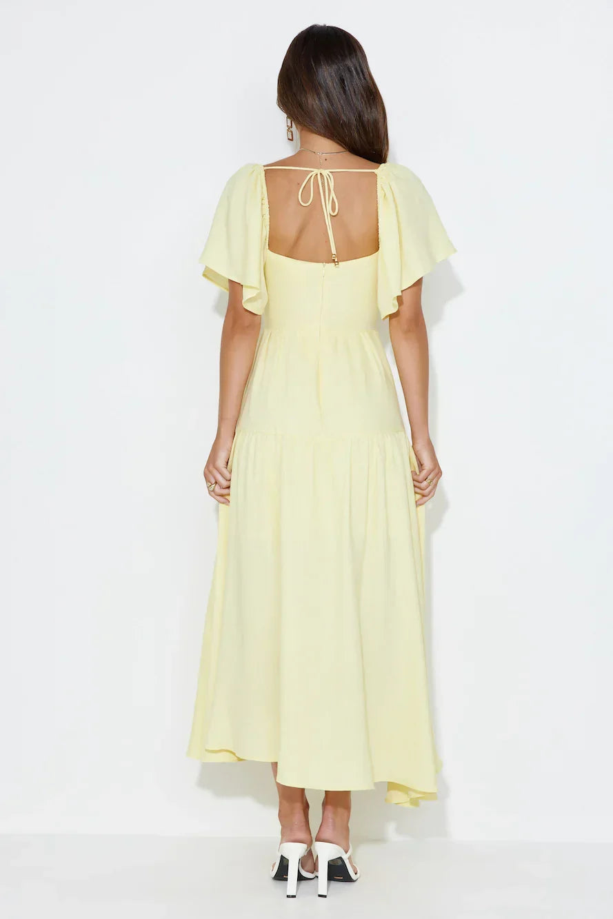 Yellow Casual Lovely A-line Square Neck Cap Sleeve Tie Tea-Length Prom Dress
