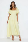 Yellow Casual Lovely A-line Square Neck Cap Sleeve Tie Tea-Length Prom Dress