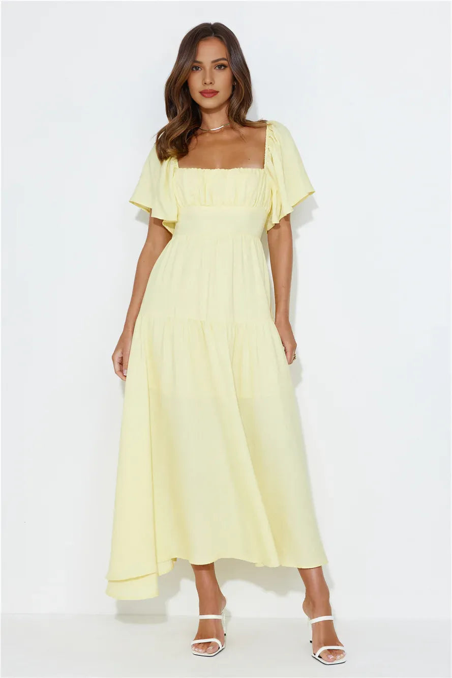 Yellow Casual Lovely A-line Square Neck Cap Sleeve Tie Tea-Length Prom Dress