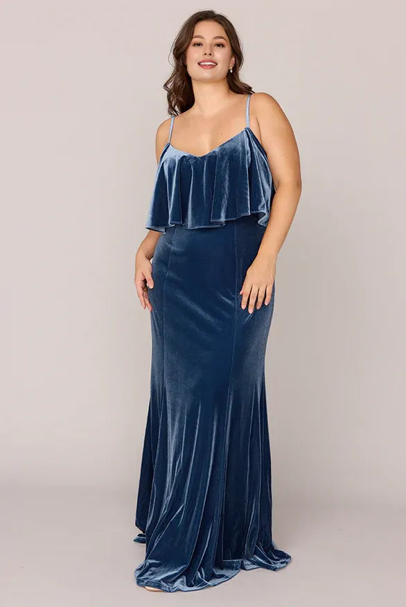 Refined Beautiful Timeless Elegant Navy Blue Velvet Sheath Sleeveless Floor-Length Prom Dress