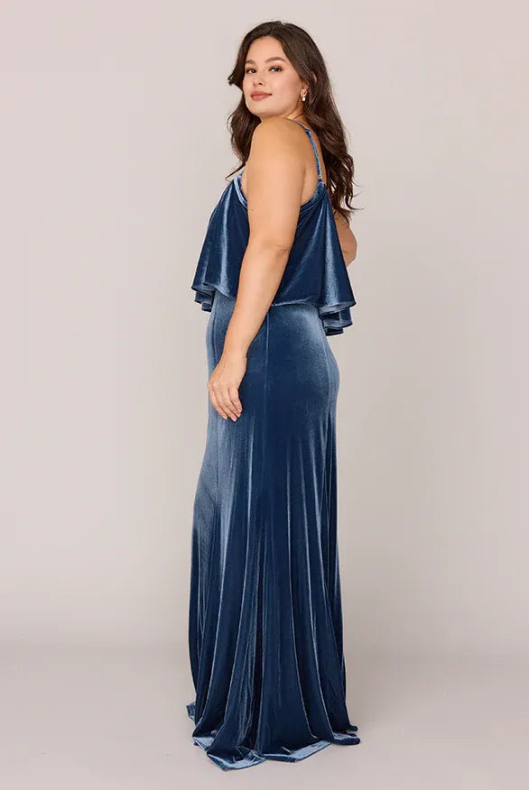 Refined Beautiful Timeless Elegant Navy Blue Velvet Sheath Sleeveless Floor-Length Prom Dress