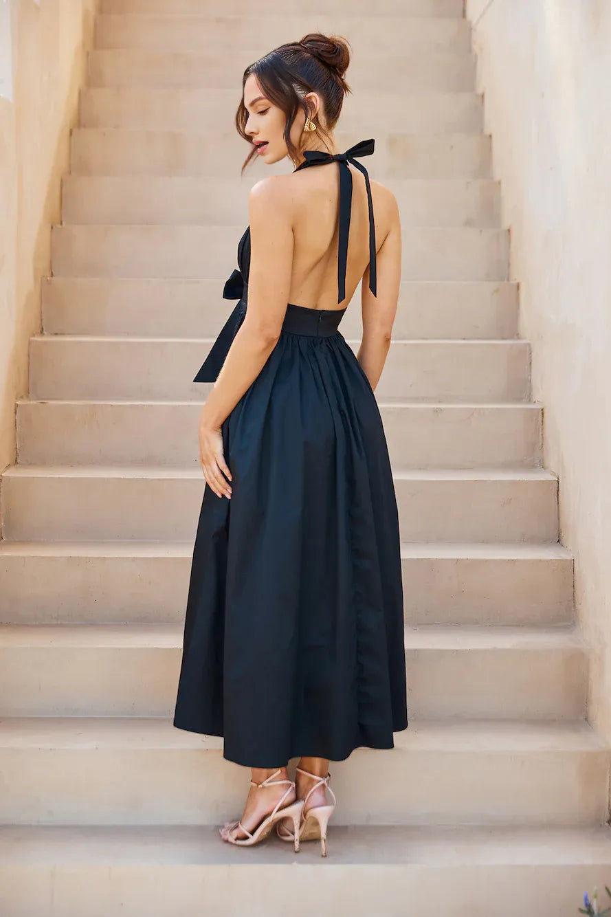Black Casual Simple A-line Halter Bow Open Back Midi Prom Dress With Pocket