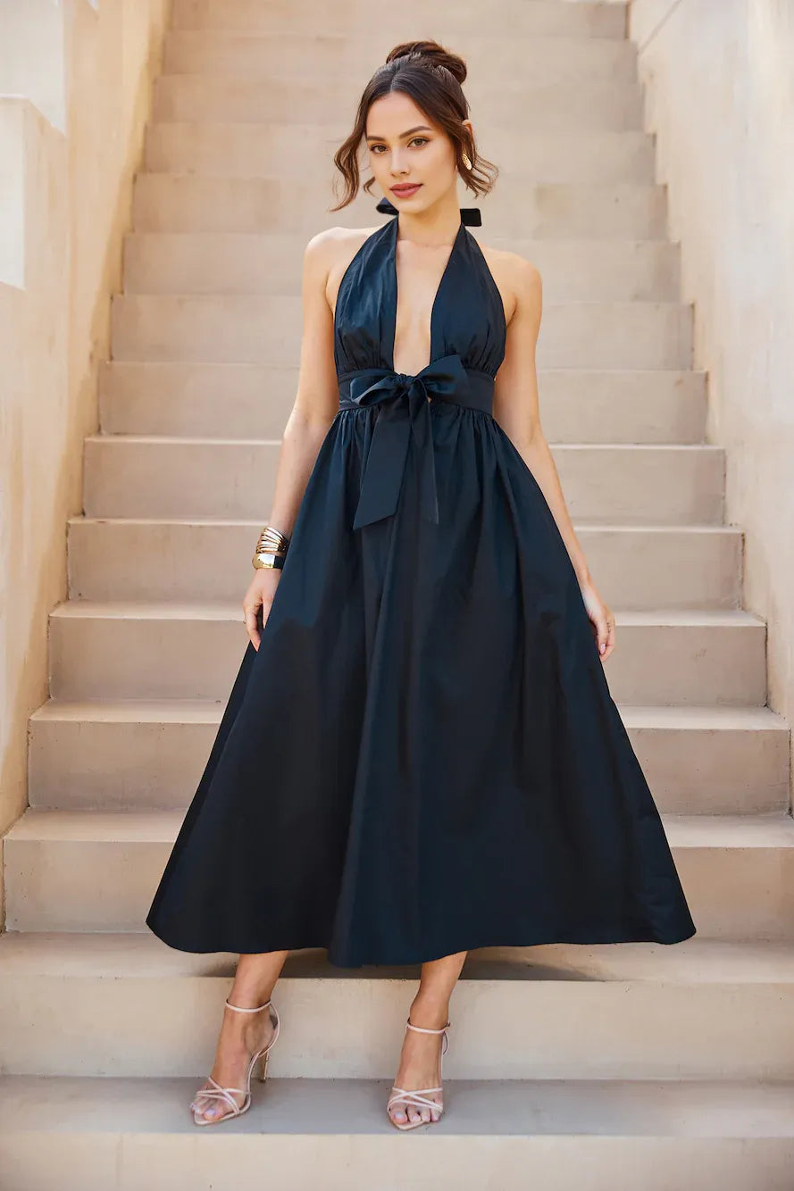 Black Casual Simple A-line Halter Bow Open Back Midi Prom Dress With Pocket