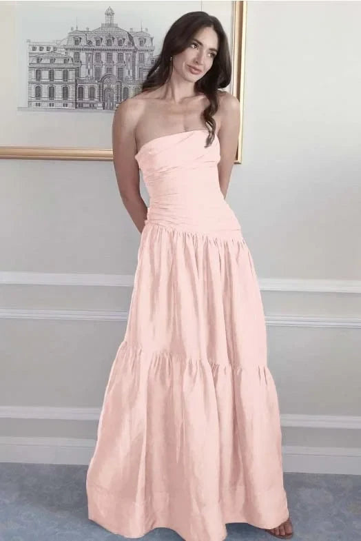 Casual Tiered Strapless Ruched Terracotta Maxi Prom Dress