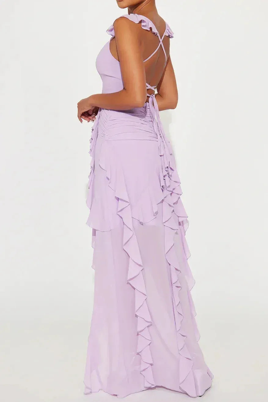 Lavender Casual V-Neck Open Back Ruffled Prom Dress With High Slit Hot Sale