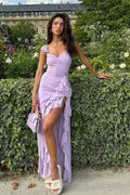 Lavender Casual V-Neck Open Back Ruffled Prom Dress With High Slit Hot Sale