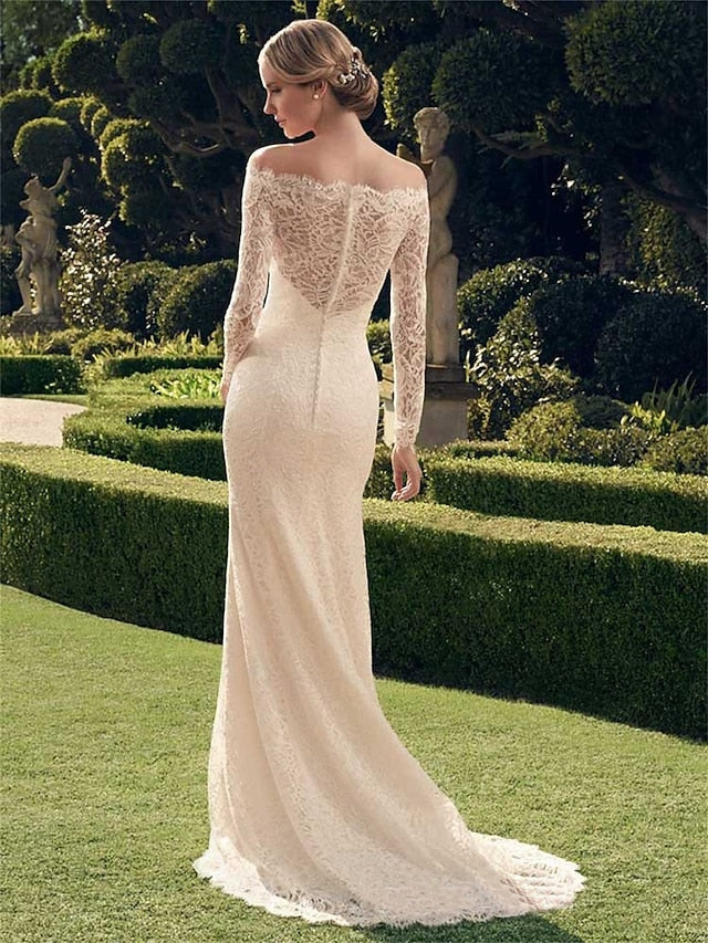 Casual Wedding Dresses Mermaid / Trumpet Off Shoulder Long Sleeve Sweep / Brush Train Chantilly Bridal Gowns