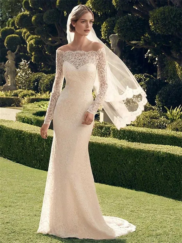 Casual Wedding Dresses Mermaid / Trumpet Off Shoulder Long Sleeve Sweep / Brush Train Chantilly Bridal Gowns
