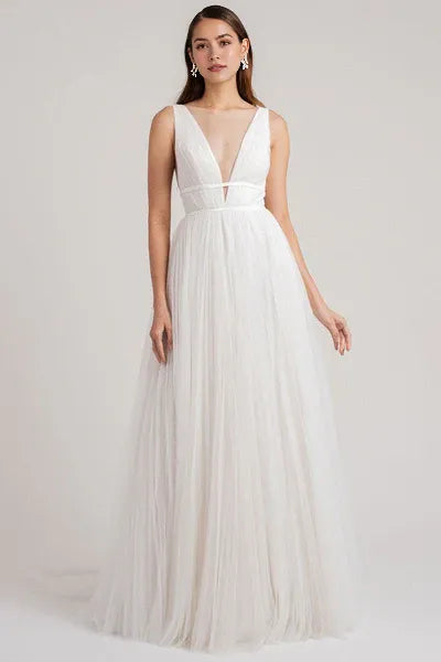 White Casual Wedding Dress A-Line Chic V-Neck Sleeveless Long Pleated Bridal Gowns