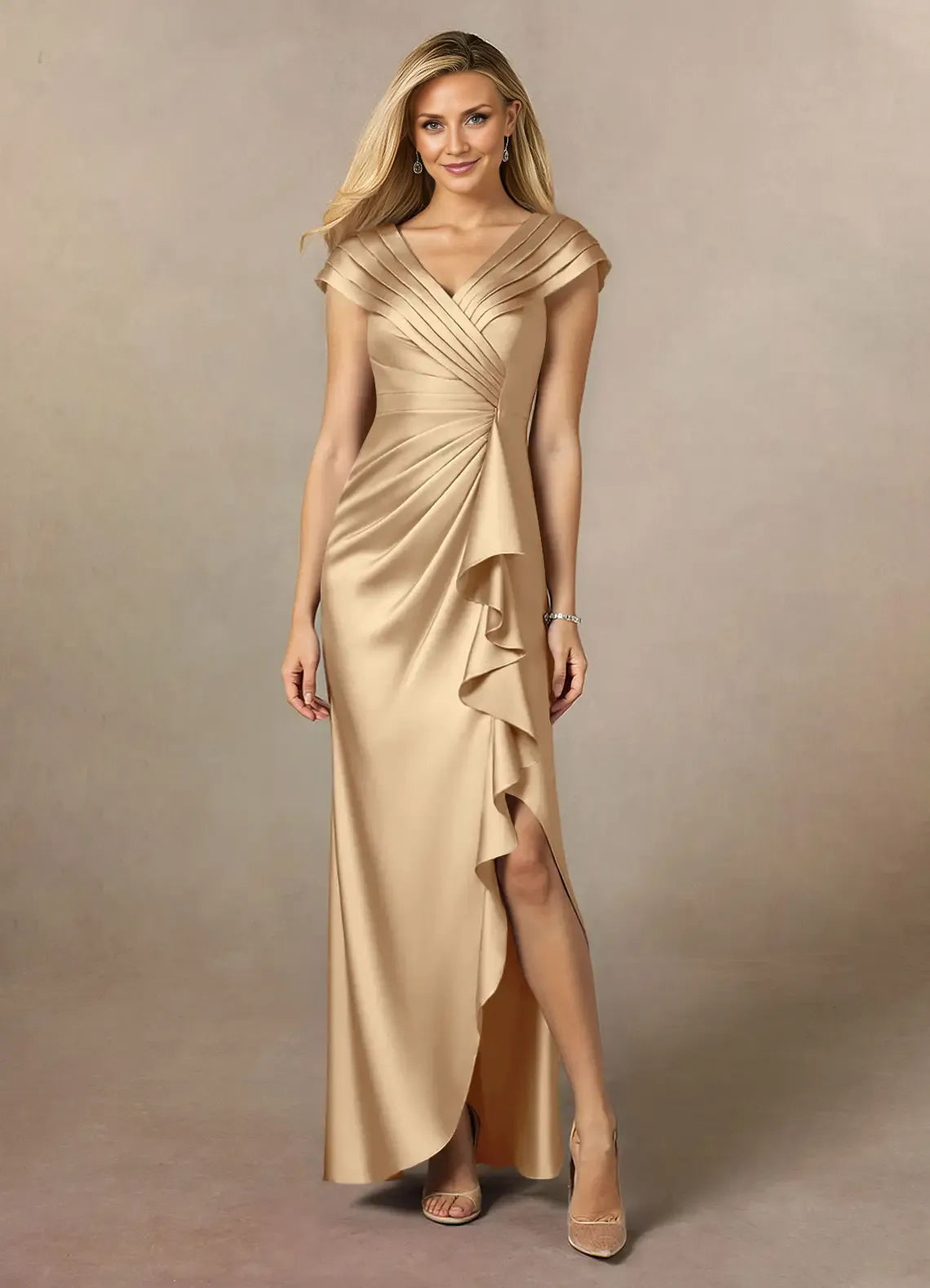 Special Occasion Elegant Champagne Satin A-Line Pleated Mother of the Bride Dress