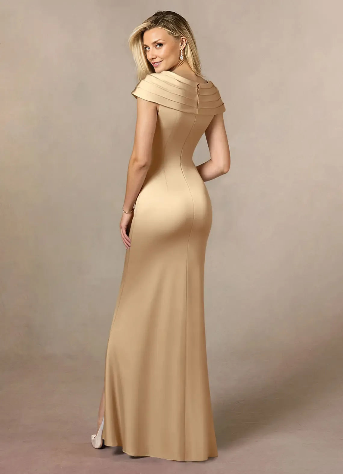 Special Occasion Elegant Champagne Satin A-Line Pleated Mother of the Bride Dress