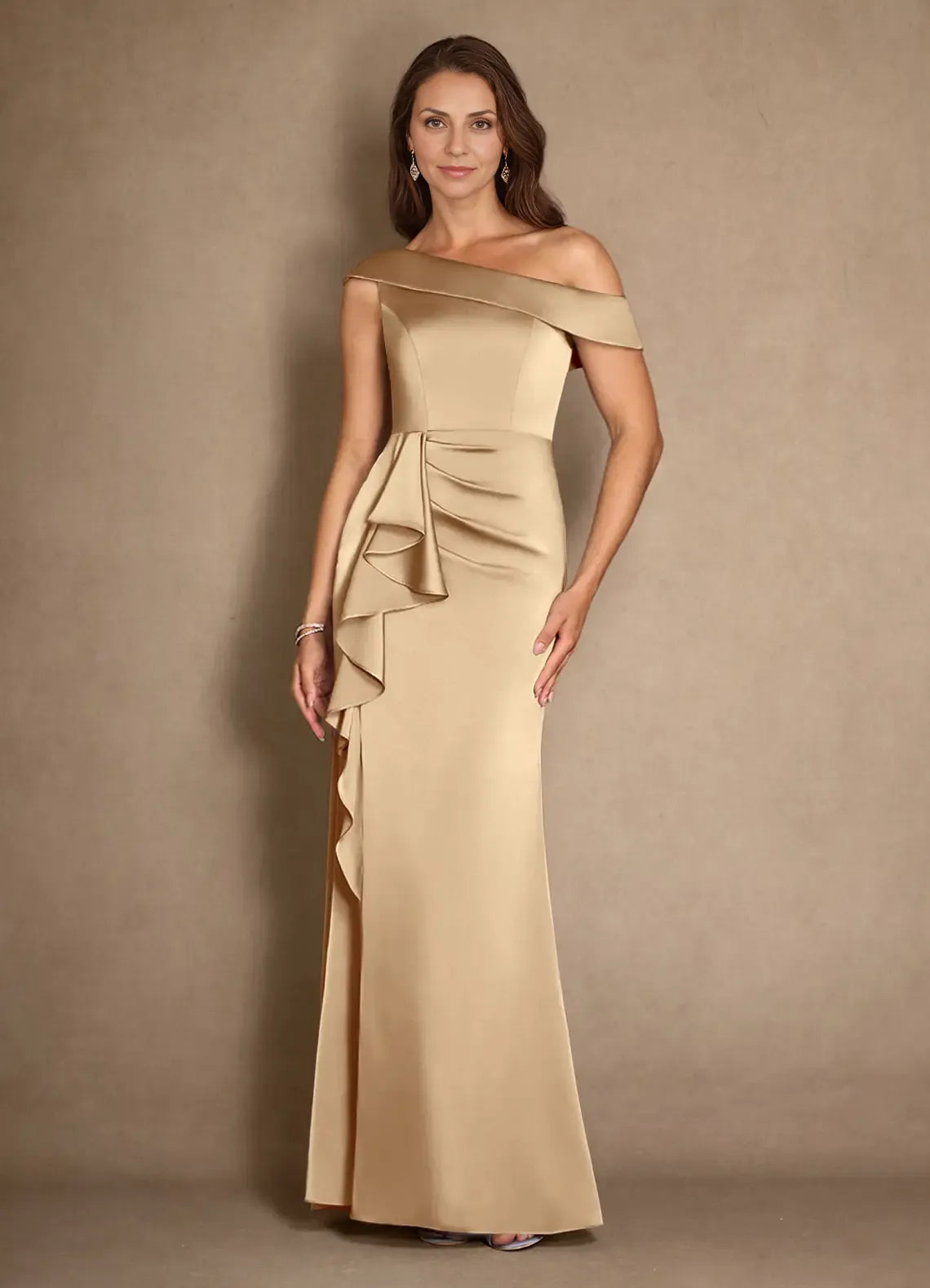Chic Elegant Champagne Satin A-Line Asymmetric Pleated Mother of the Bride Dress