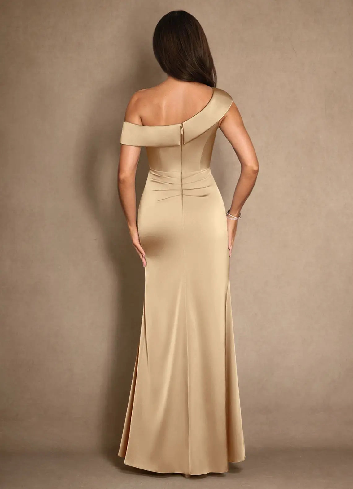 Chic Elegant Champagne Satin A-Line Asymmetric Pleated Mother of the Bride Dress