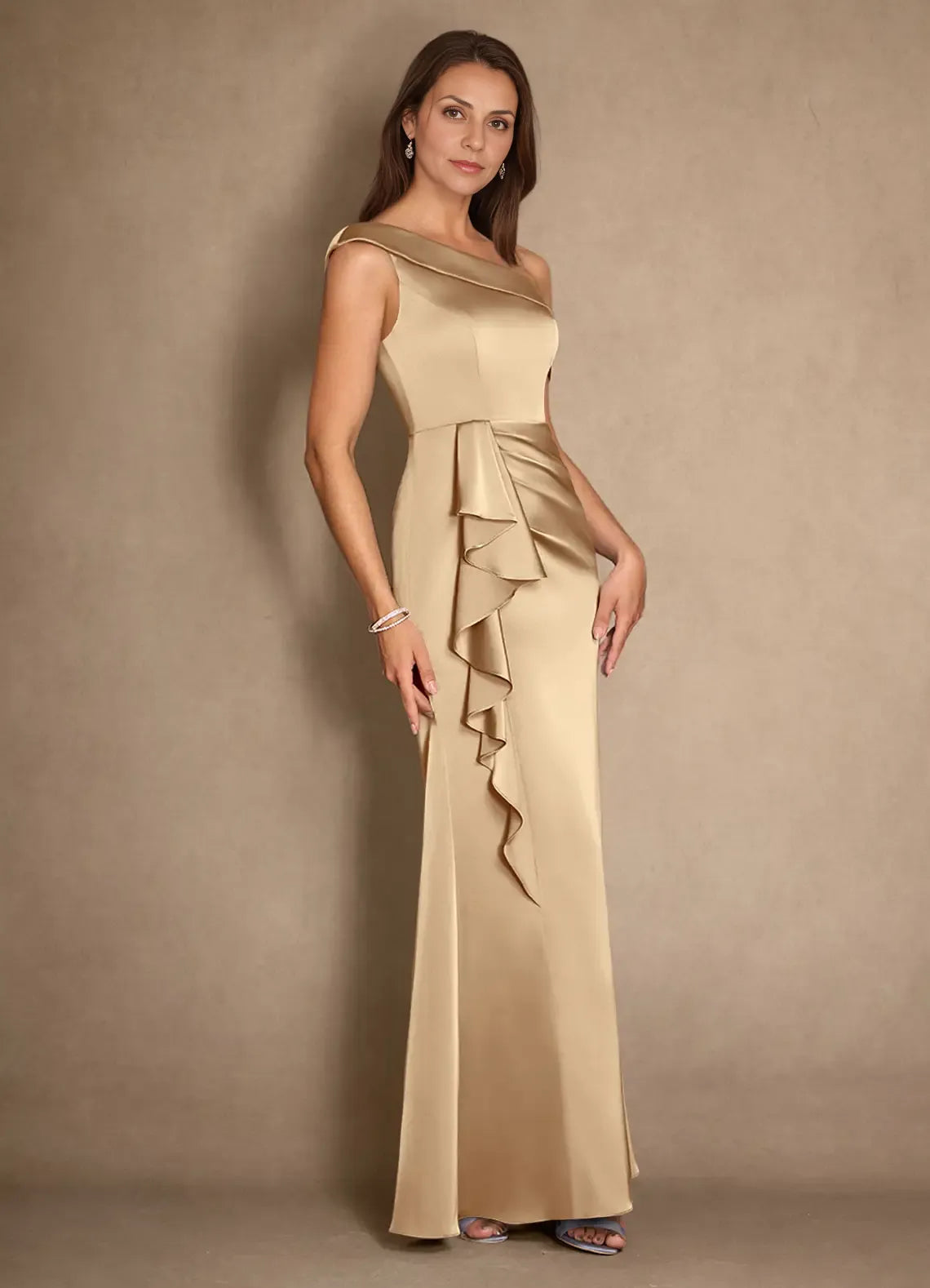 Chic Elegant Champagne Satin A-Line Asymmetric Pleated Mother of the Bride Dress