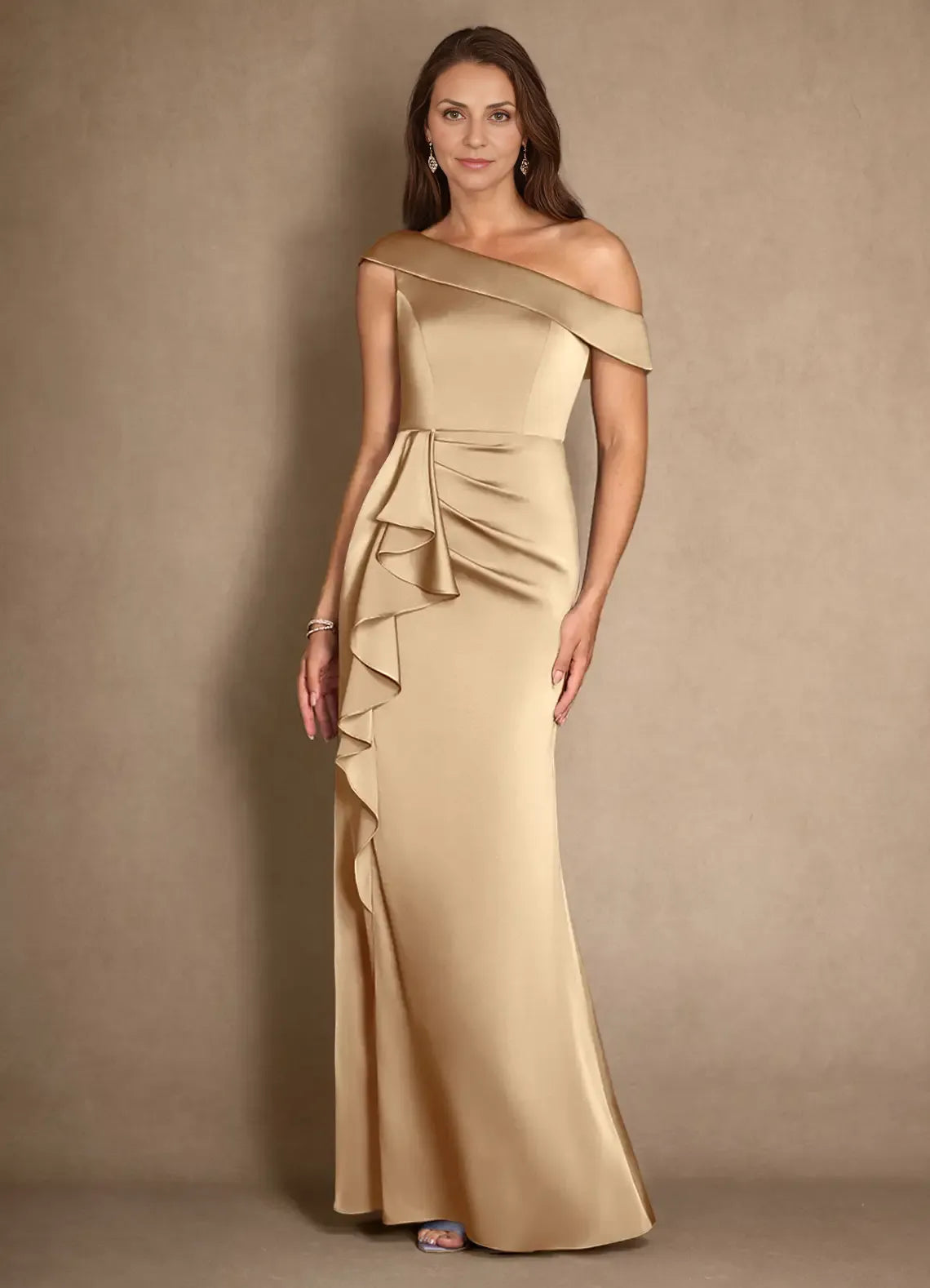 Chic Elegant Champagne Satin A-Line Asymmetric Pleated Mother of the Bride Dress