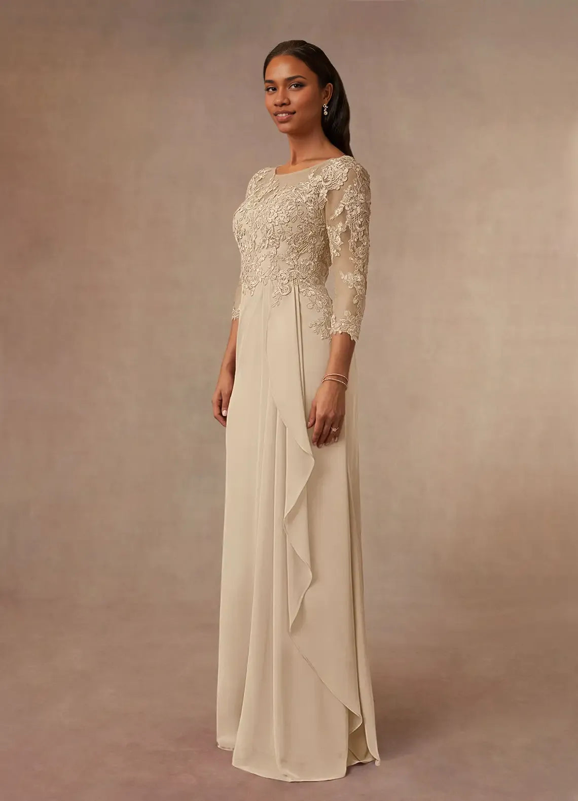 Sophisticated Graceful Elegant Champagne Chiffon A-Line Ruffle Mother of the Bride Dress