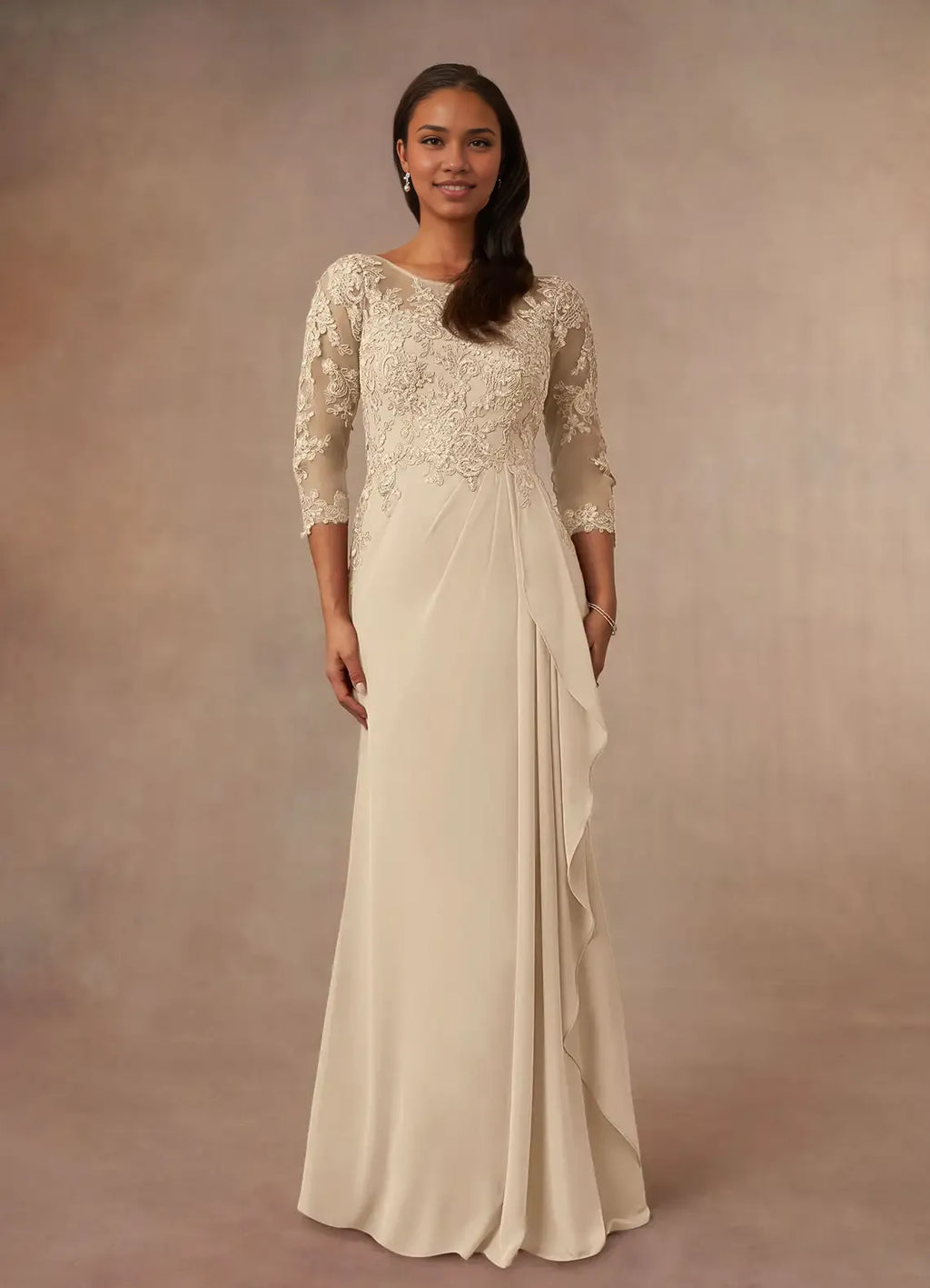 Sophisticated Graceful Elegant Champagne Chiffon A-Line Ruffle Mother of the Bride Dress