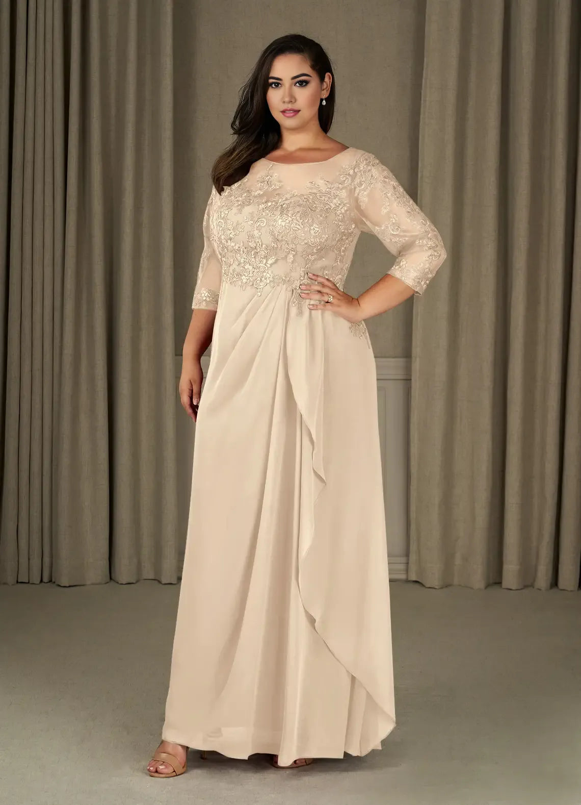 Sophisticated Graceful Elegant Champagne Chiffon A-Line Ruffle Mother of the Bride Dress