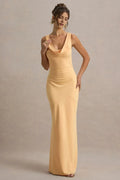 Champagne Colored Floor Length Prom Dress with Cowl Neckline Sleeveless Silhouette and Asymmetric Seam Accent