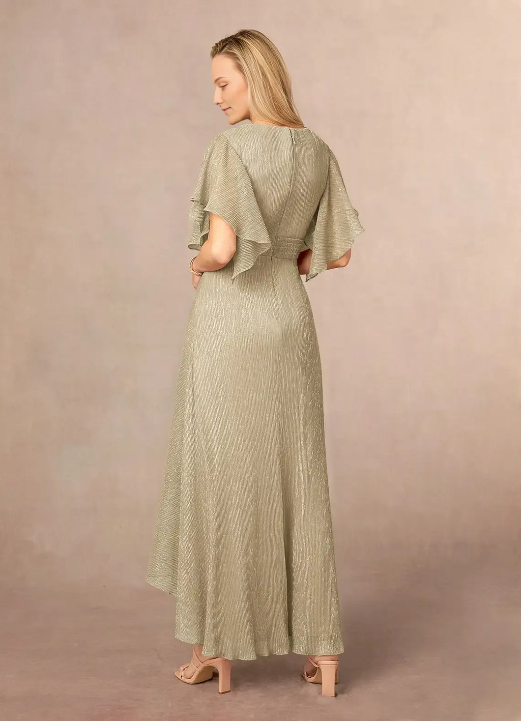 Champagne Gold A-Line Ruffle Flutter Sleeve Metallic Mother of the Bride Dress with Flutter Sleeves Twist - Front V - Neck Textured