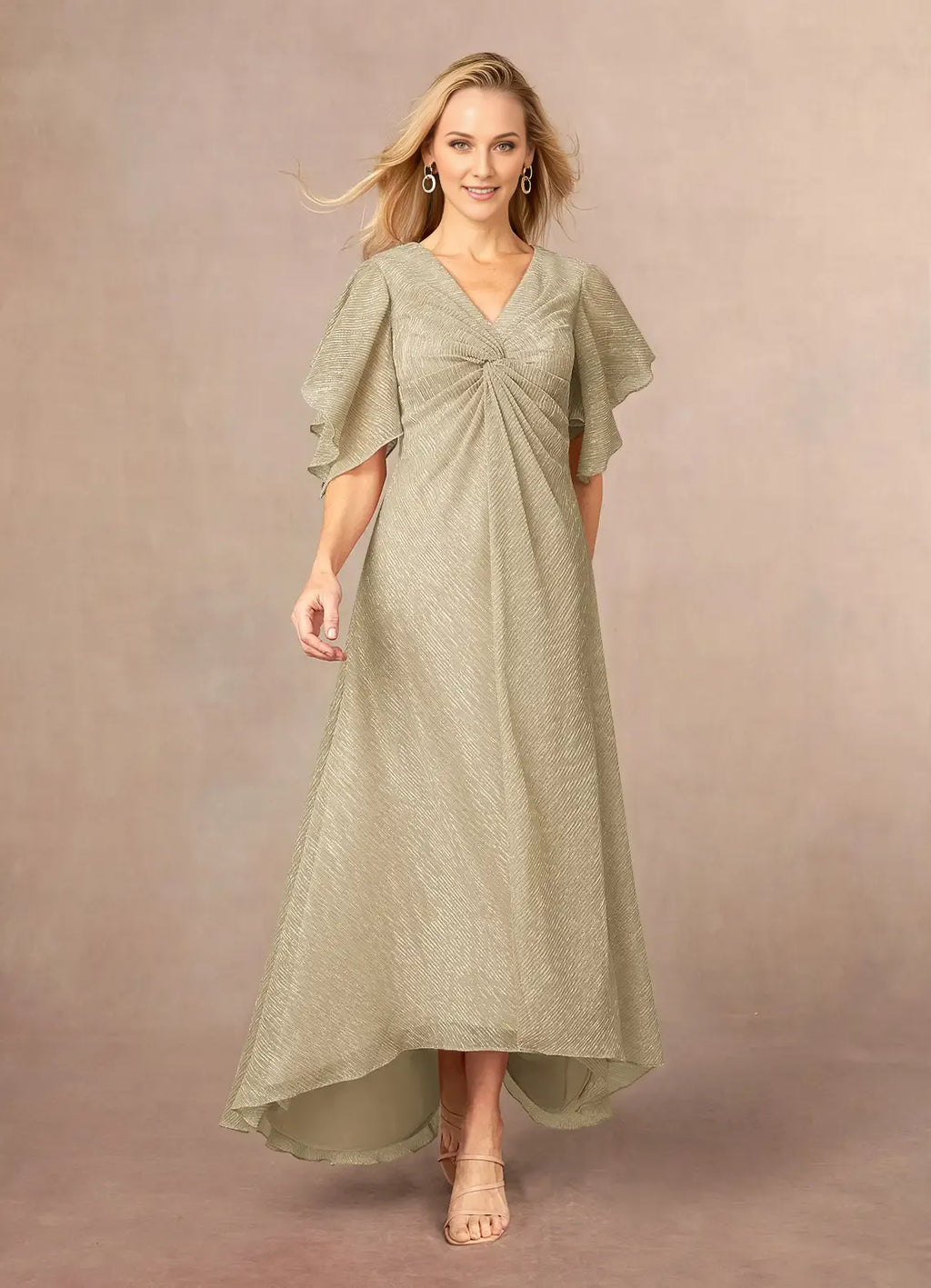 Champagne Gold A-Line Ruffle Flutter Sleeve Metallic Mother of the Bride Dress with Flutter Sleeves Twist - Front V - Neck Textured