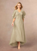 Champagne Gold A-Line Ruffle Flutter Sleeve Metallic Mother of the Bride Dress with Flutter Sleeves Twist - Front V - Neck Textured