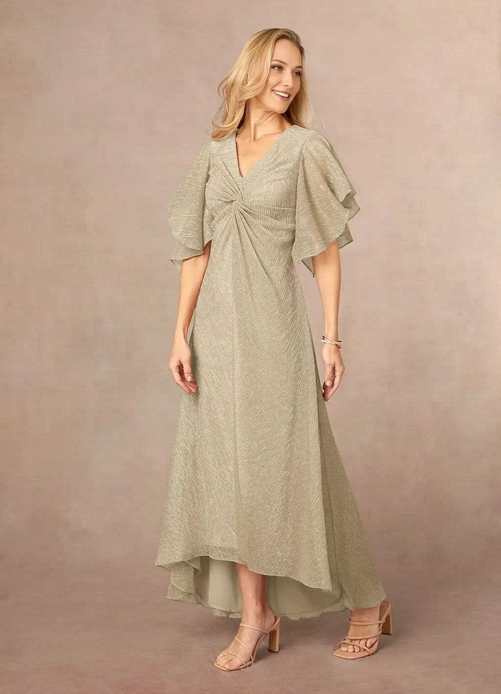 Champagne Gold A-Line Ruffle Flutter Sleeve Metallic Mother of the Bride Dress with Flutter Sleeves Twist - Front V - Neck Textured