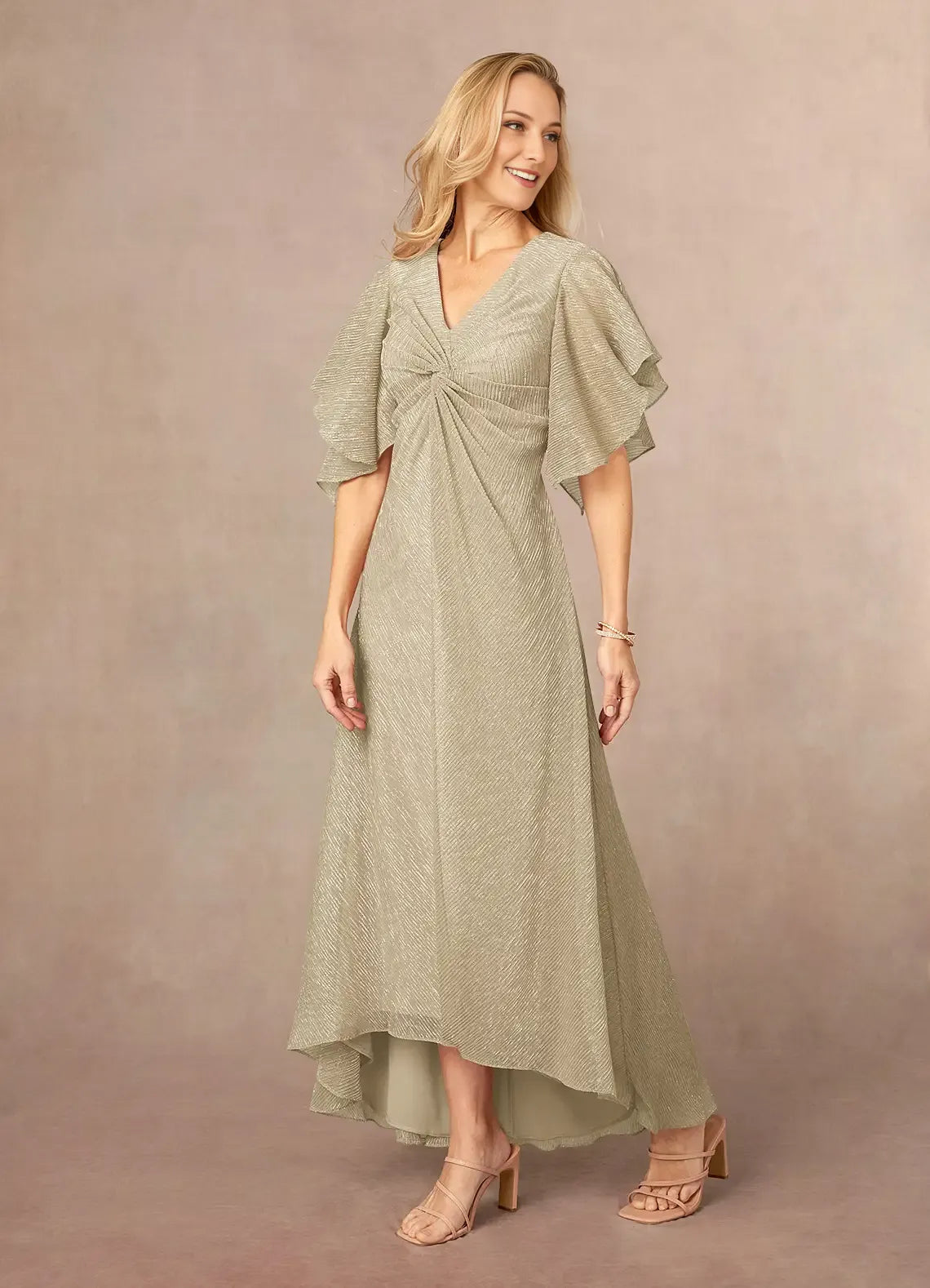 Champagne Gold A-Line Ruffle Flutter Sleeve Metallic Mother of the Bride Dress with Flutter Sleeves Twist - Front V - Neck Textured