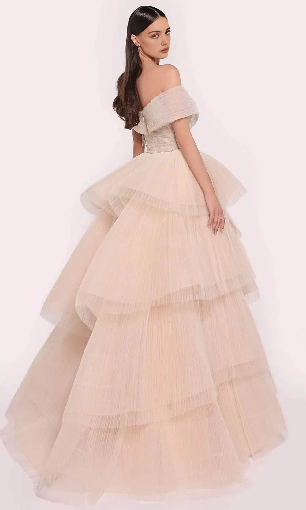 Champagne Off - Shoulder Evening Dresses with Tiered Ruffles Corset Bodice and Floral Embellishment for Formal Galas