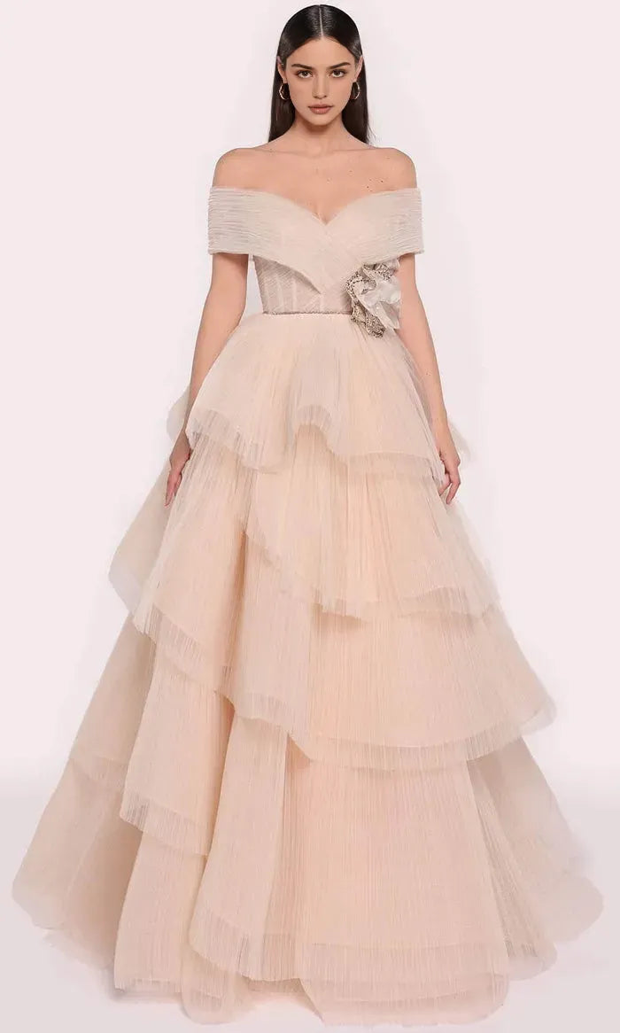 Champagne Off - Shoulder Evening Dresses with Tiered Ruffles Corset Bodice and Floral Embellishment for Formal Galas