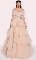 Champagne Off - Shoulder Evening Dresses with Tiered Ruffles Corset Bodice and Floral Embellishment for Formal Galas