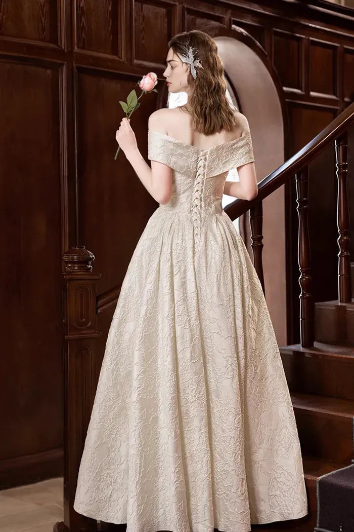 Champagne Print Long Prom Dress A-Line Off the Shoulder Party Dress