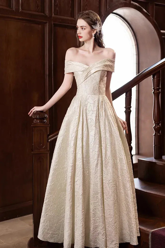 Champagne Print Long Prom Dress A-Line Off the Shoulder Party Dress