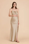 Champagne Cowl Neck Prom Dress Spaghetti Strap Gown with Side Slit for Timeless Elegance
