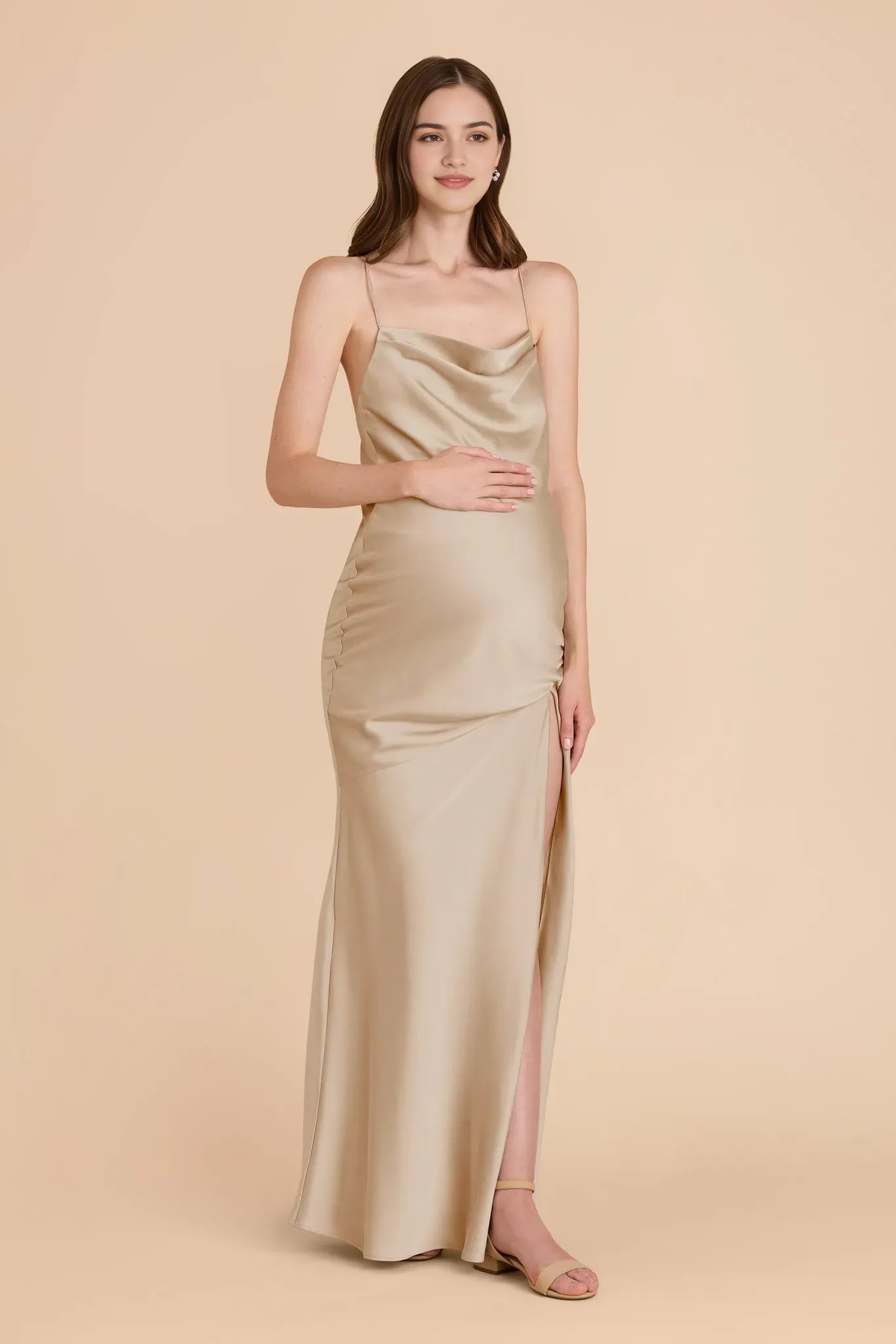 Champagne Cowl Neck Prom Dress Spaghetti Strap Gown with Side Slit for Timeless Elegance