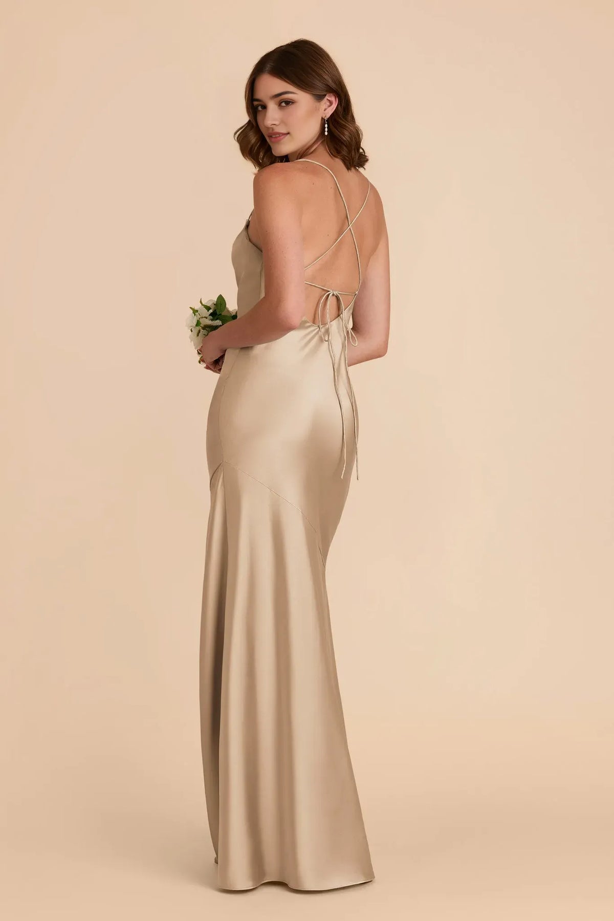 Champagne Cowl Neck Prom Dress Spaghetti Strap Gown with Side Slit for Timeless Elegance