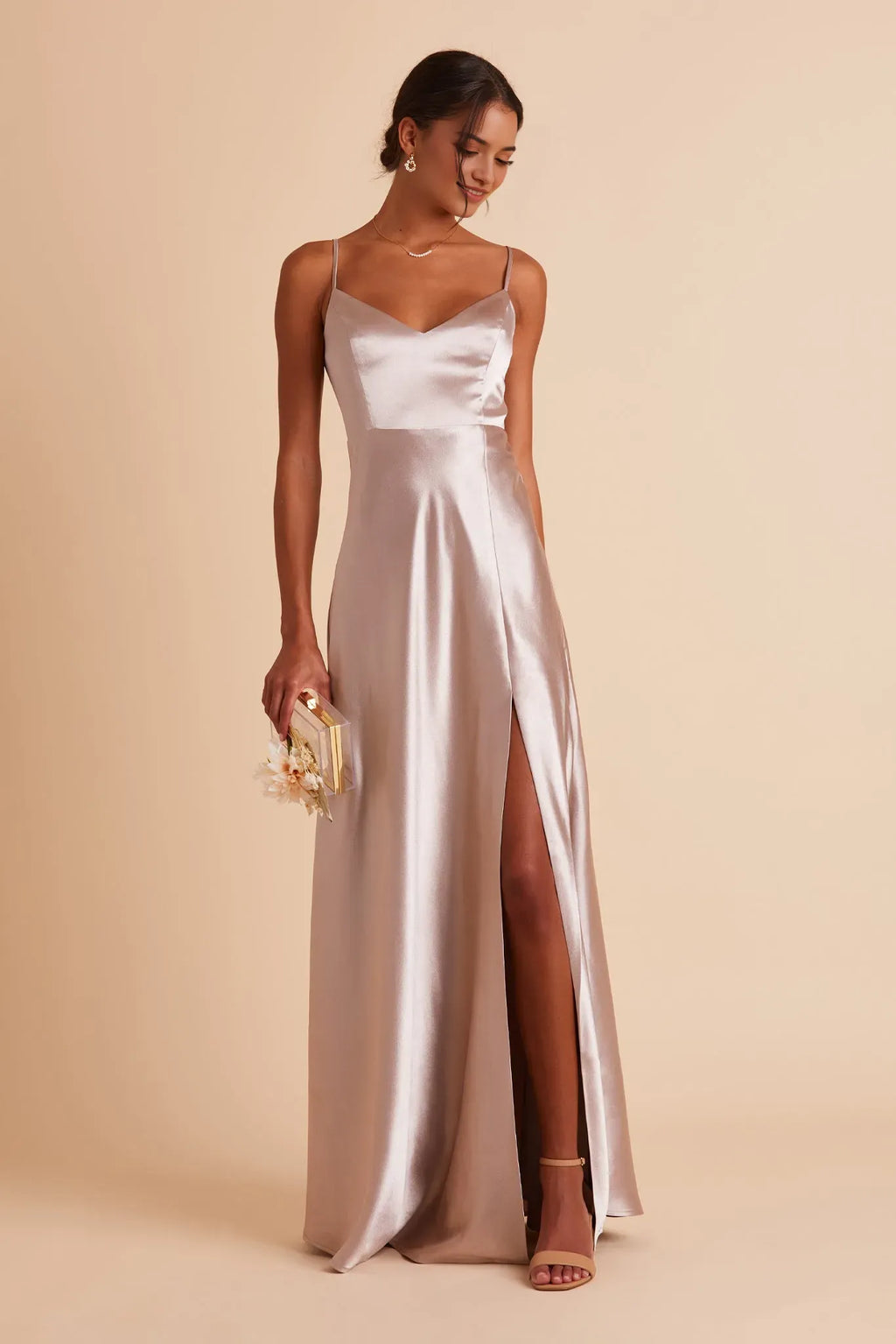 Champagne Deep V - Neck Prom Dress with Side Slit -French Riviera Inspired Gown for Effortless Formal Elegance