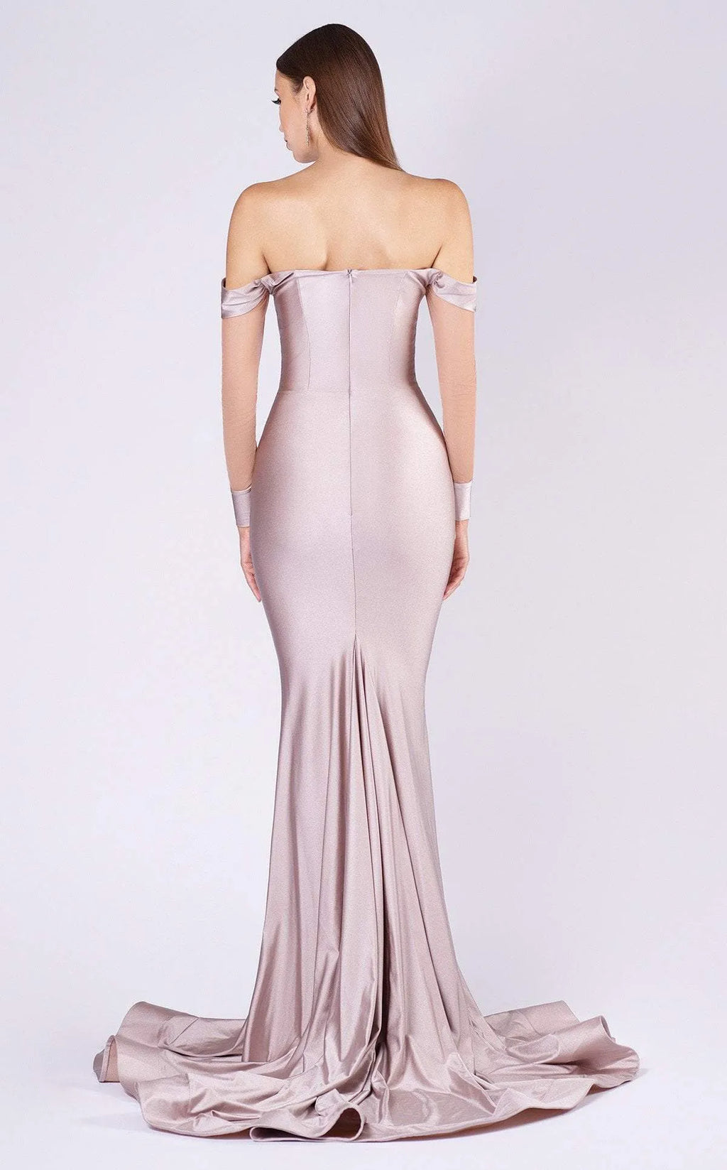 Champagne Off - Shoulder Evening Dress with Illusion Sleeves Sweetheart Neckline, and Mermaid Train for Glamorous Occasions