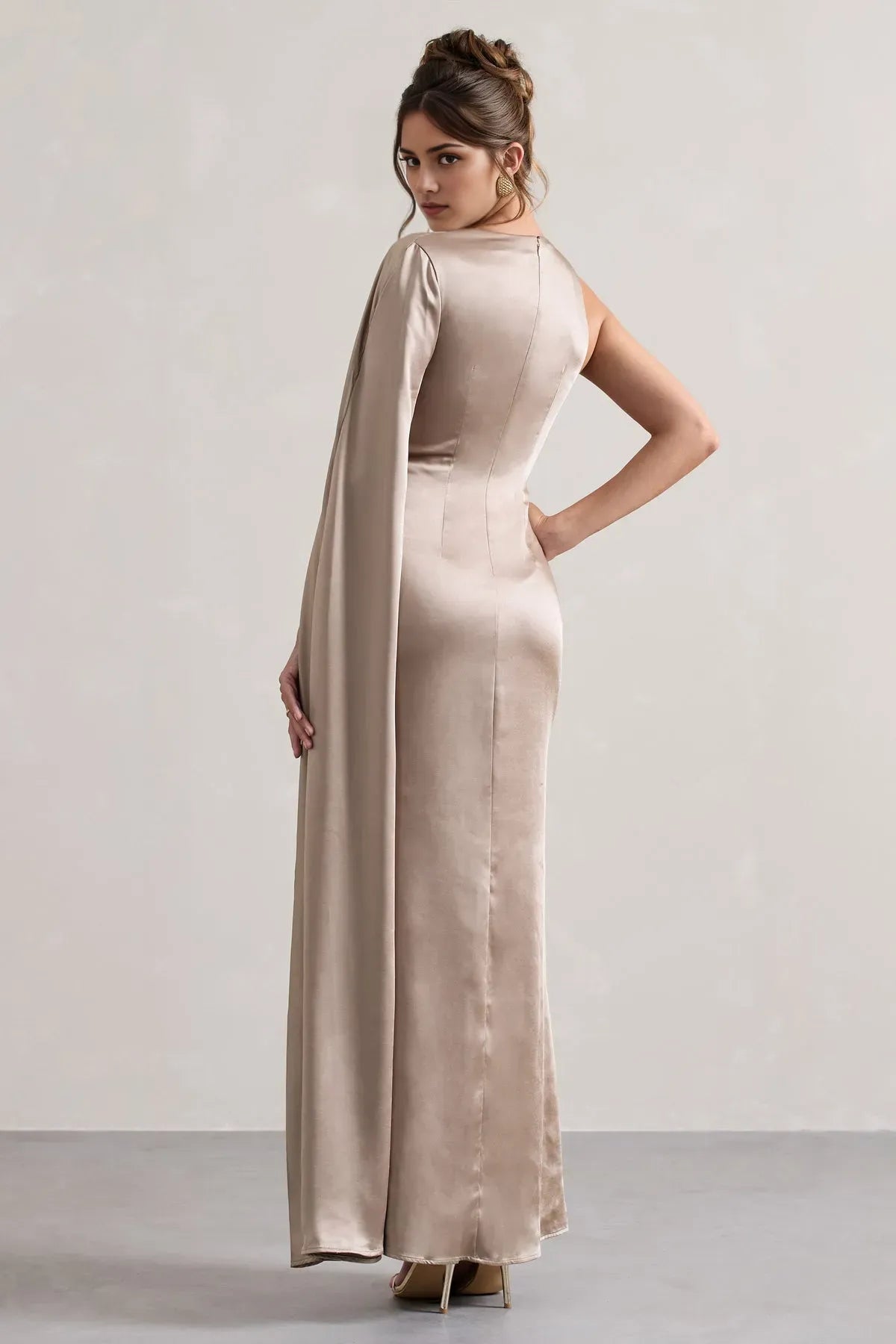 Champagne One Prom Dresses Cape Detail Side Slit and Flattering Silhouette for Prom Nights