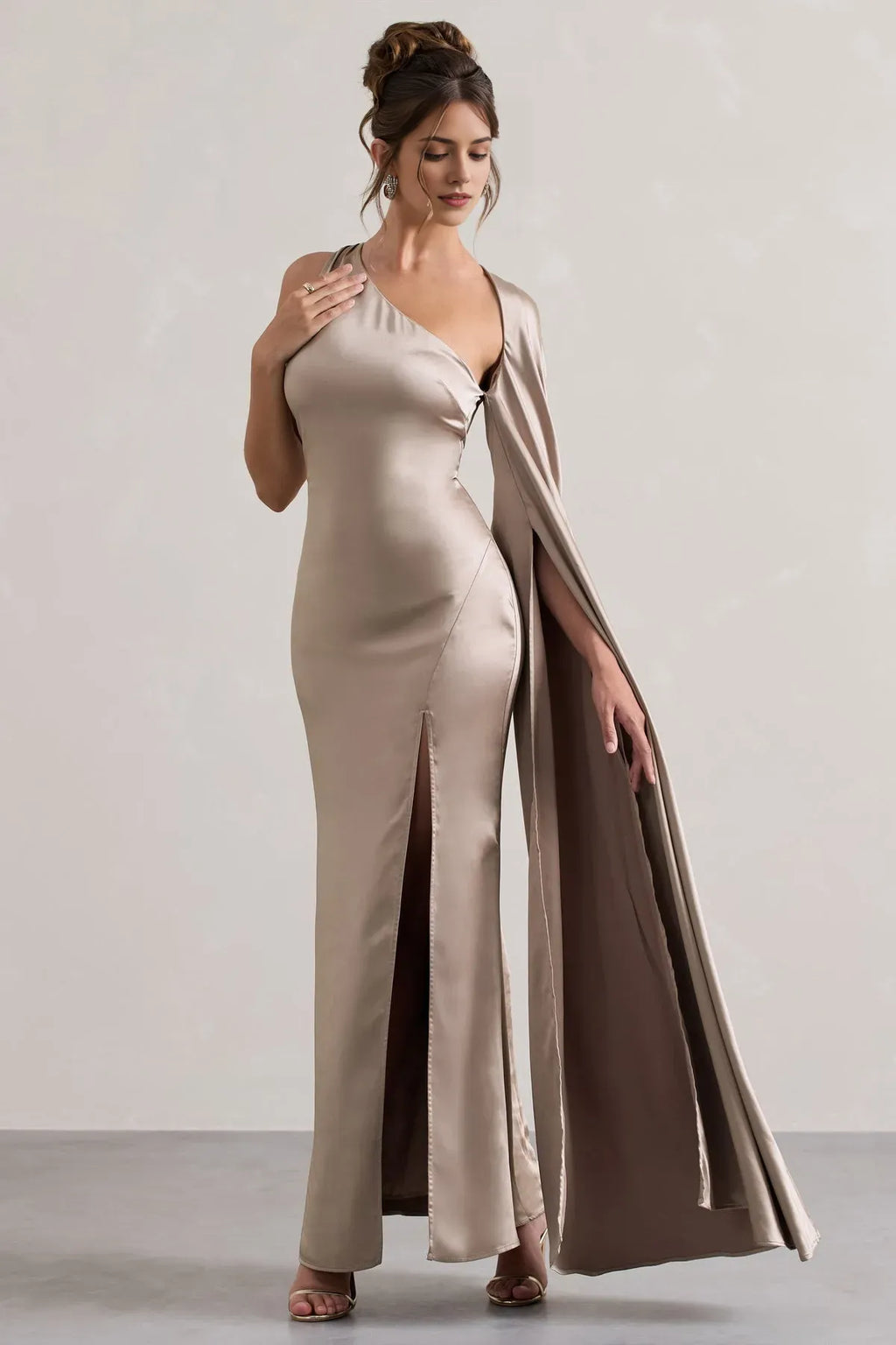 Champagne One Prom Dresses Cape Detail Side Slit and Flattering Silhouette for Prom Nights