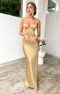 Champagne Prom Dress with Corset Bodice Spaghetti Straps Side Cut Outs and Maxi Length for Glamorous Evening Events