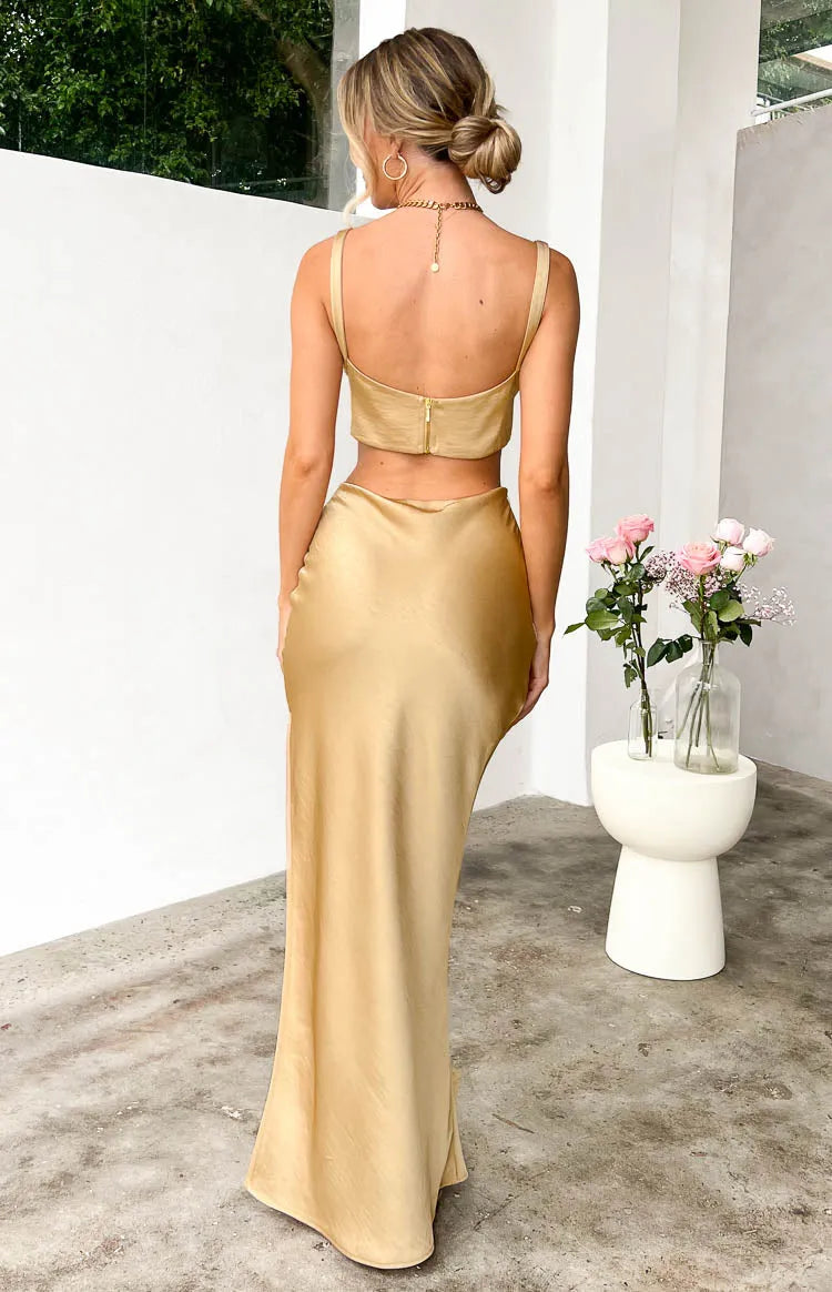 Champagne Prom Dress with Corset Bodice Spaghetti Straps Side Cut Outs and Maxi Length for Glamorous Evening Events