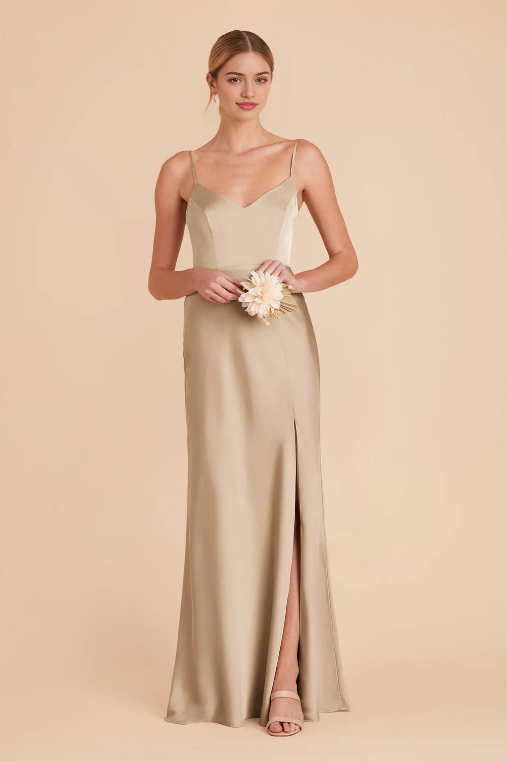 Champagne V - Neck Prom Dress Spaghetti Strap Gown with Side Slit for Effortless Elegance