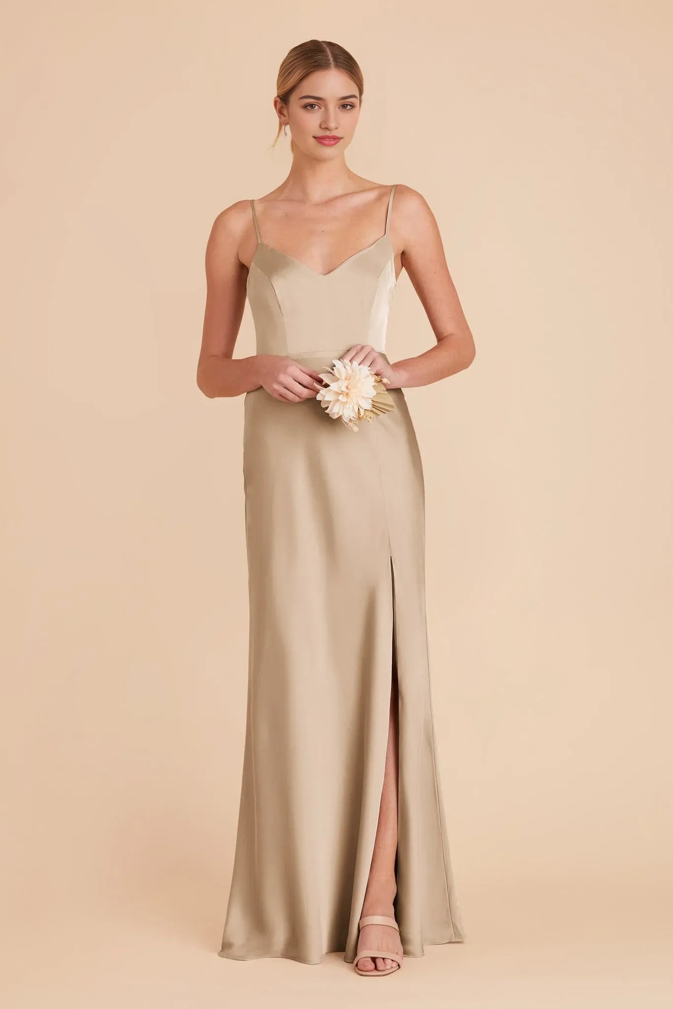 Champagne V - Neck Prom Dress Spaghetti Strap Gown with Side Slit for Effortless Elegance