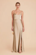 Champagne V - Neck Prom Dress Spaghetti Strap Gown with Side Slit for Effortless Elegance