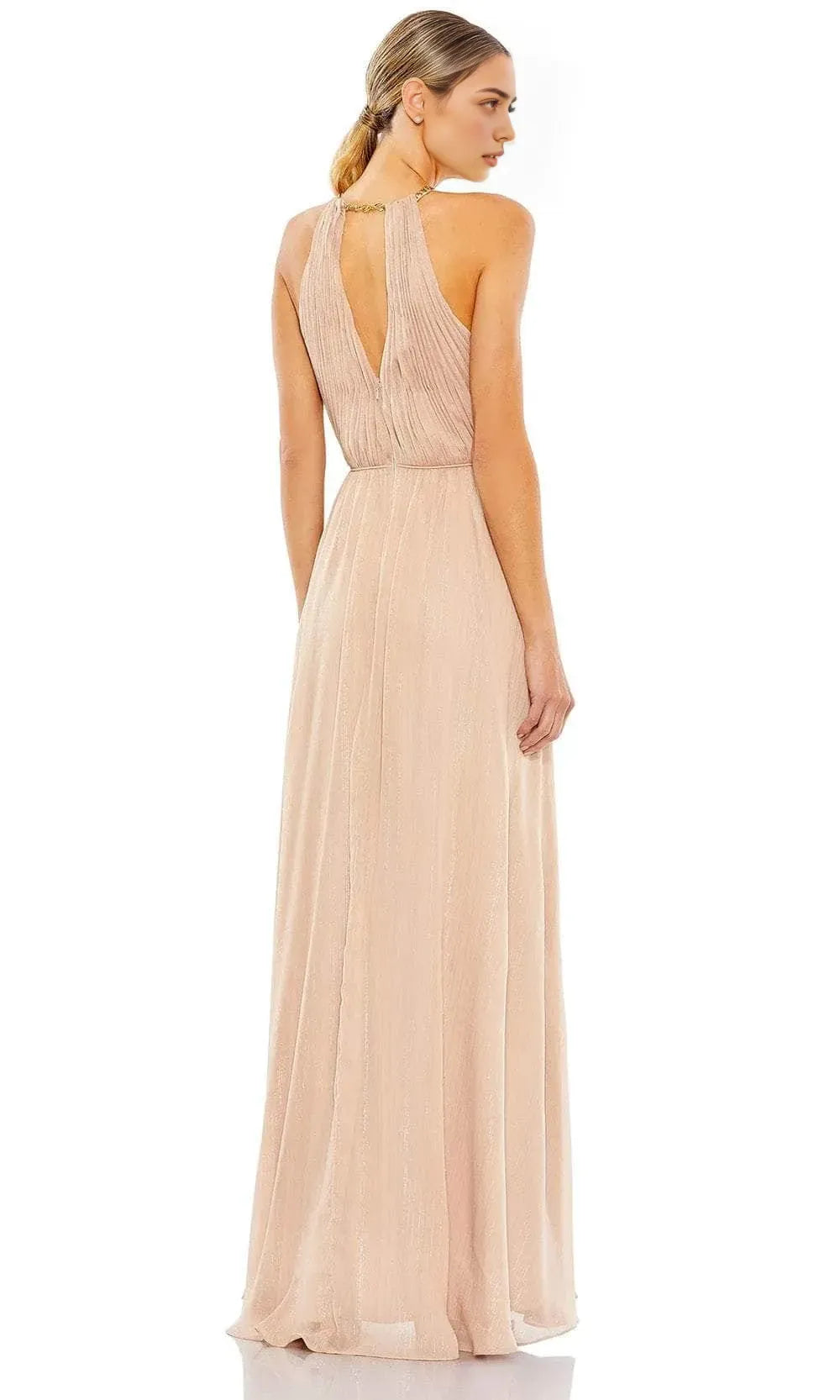 Champagne Shimmer Halter Evening Dress with Keyhole Neckline Pleated Bodice and Flowy Maxi Skirt for Elegant Occasions